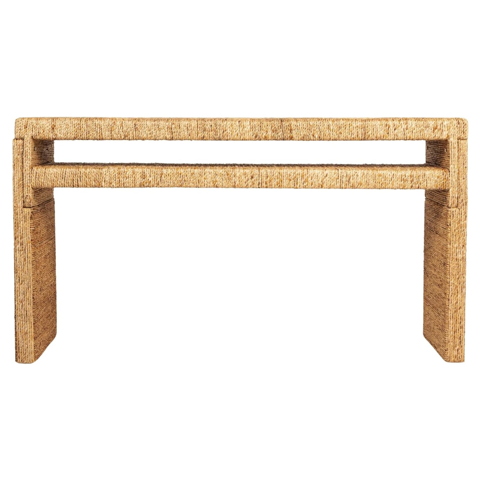 Acacia wood and water hyacinth console table, alternate view