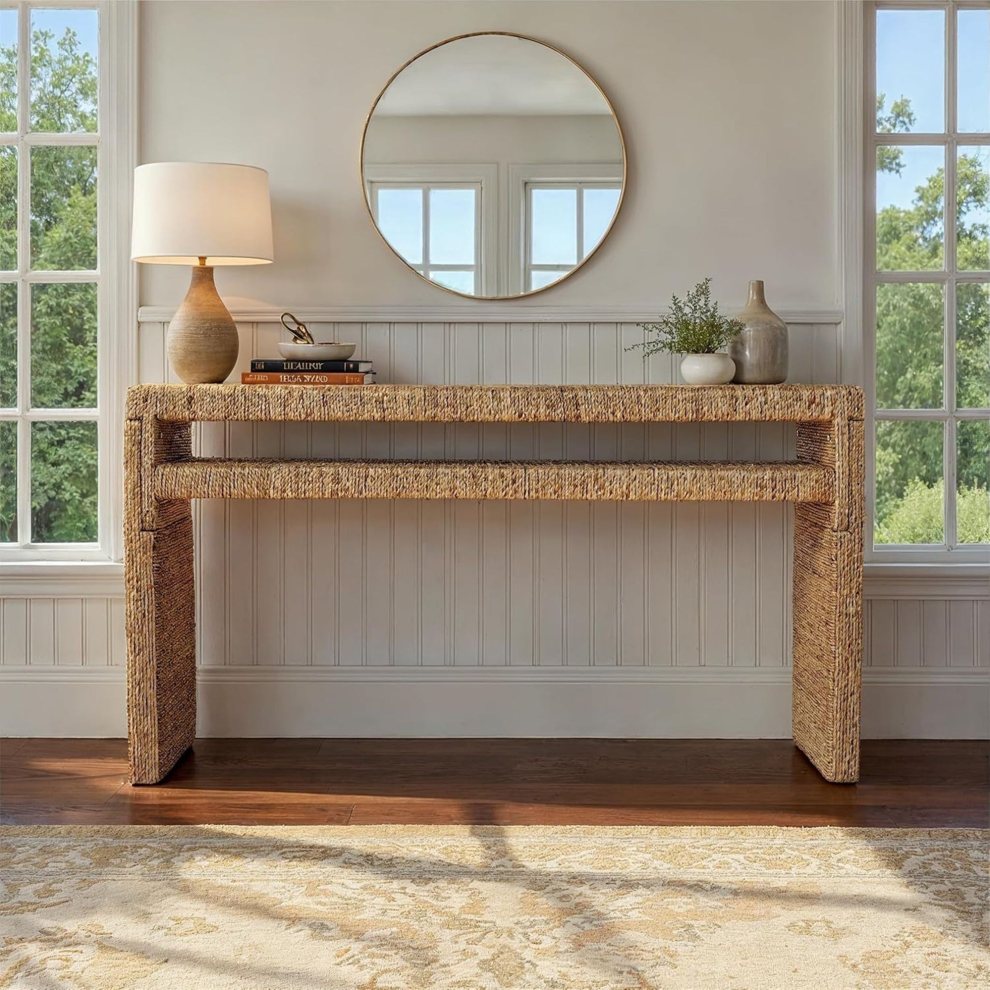 Long Acacia Wood and Water Hyacinth Console Table, front view