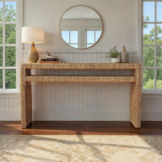 Long Acacia Wood and Water Hyacinth Console Table, front view