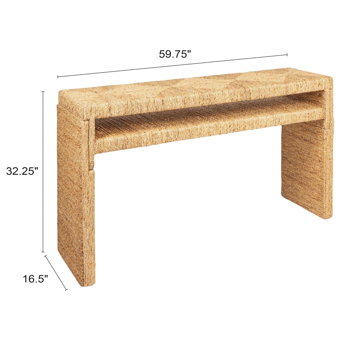Acacia wood and water hyacinth console table, dimensions diagram