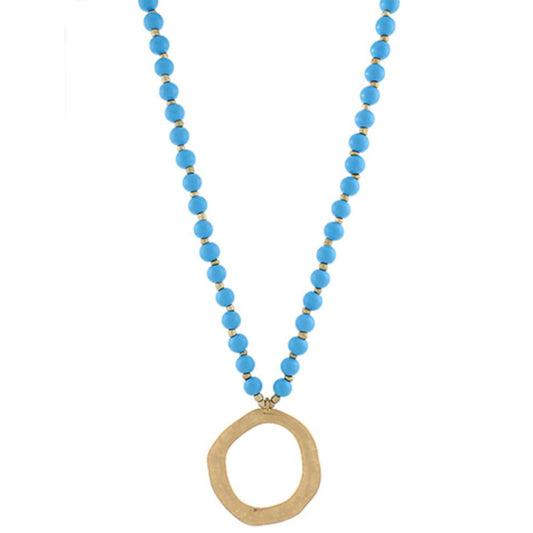 Long Bead Necklace with Circle Pendant in blue