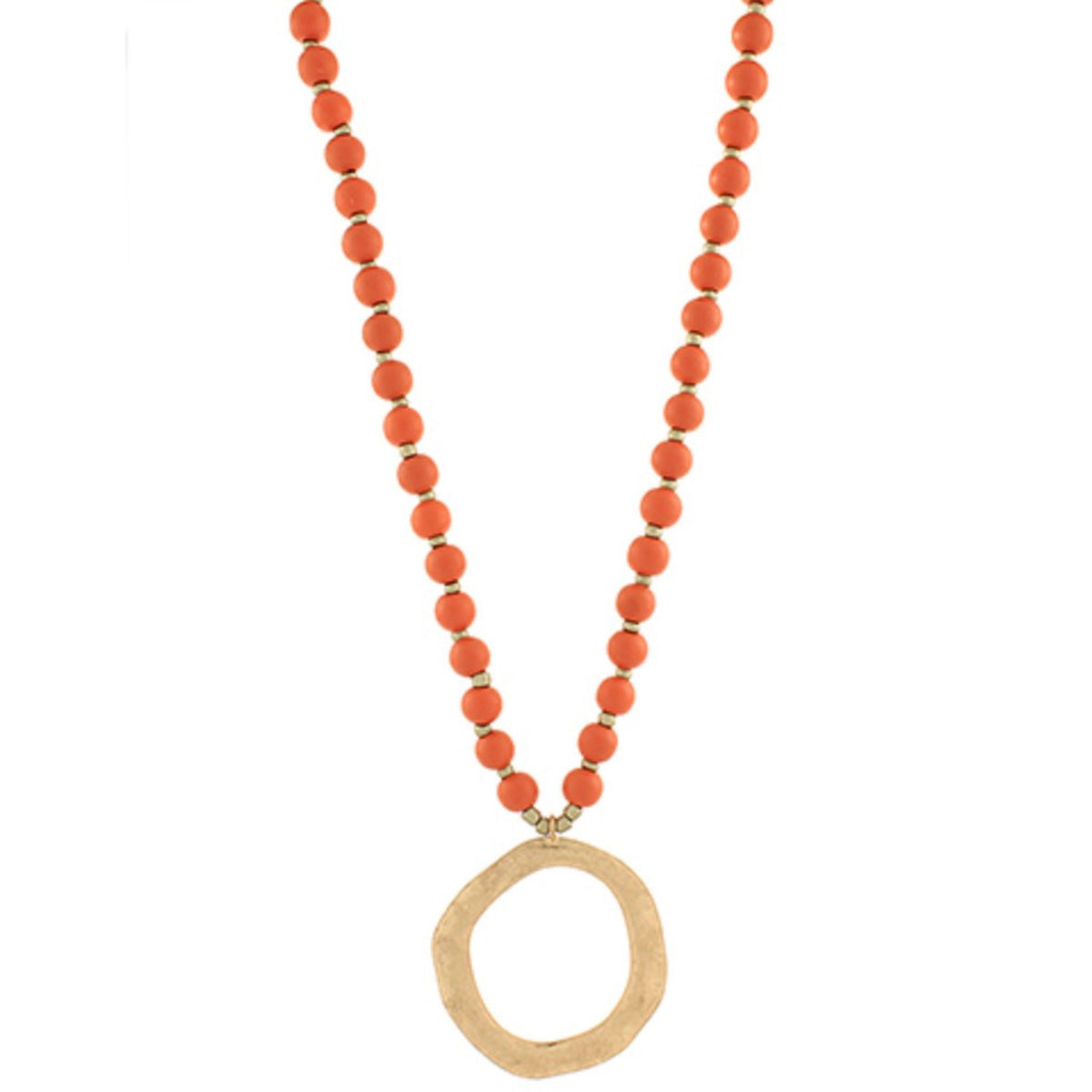 Long Bead Necklace with Circle Pendant in orange