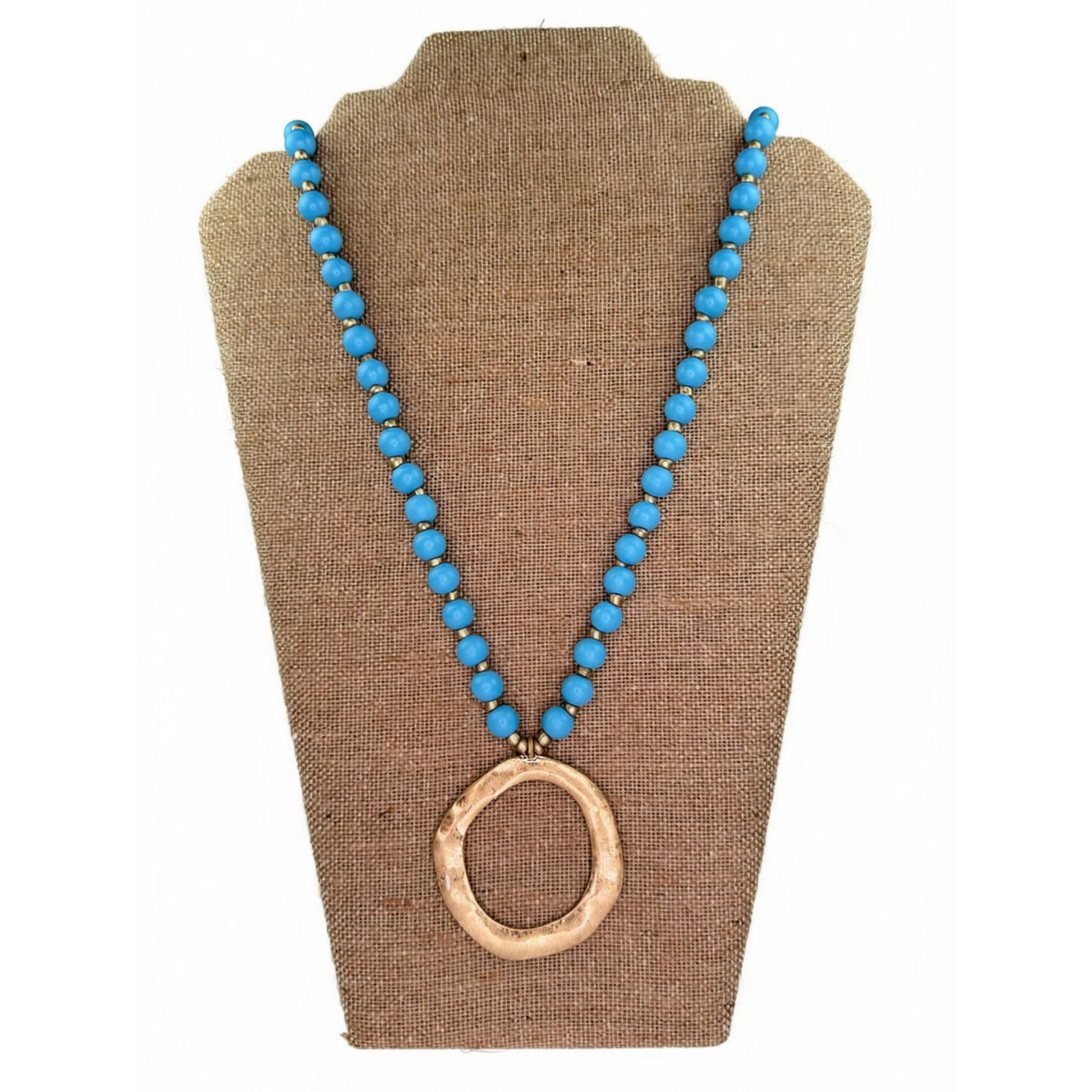 Long Bead Necklace with Circle Pendant, wood bead necklace with metal circle pendant