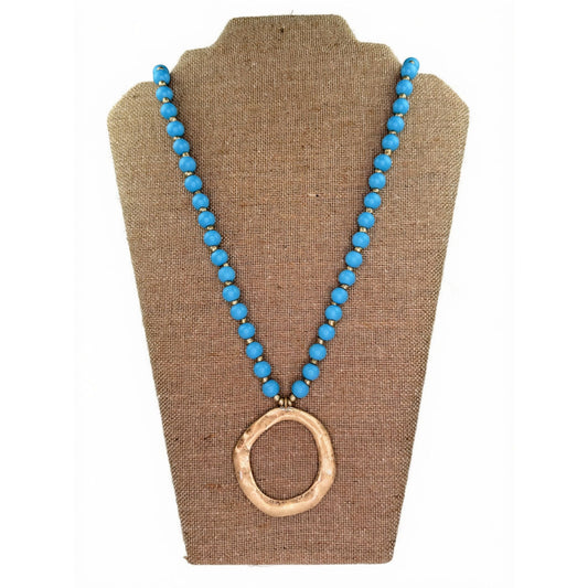 Long Bead Necklace with Circle Pendant, wood bead necklace with metal circle pendant
