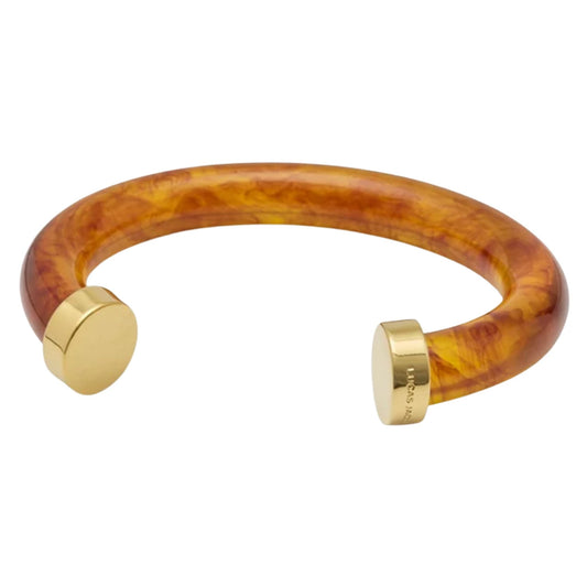 Tortoise-pattern Swiss resin open cuff bracelet with 18K gold-plated cap ends by Lucas Jack.