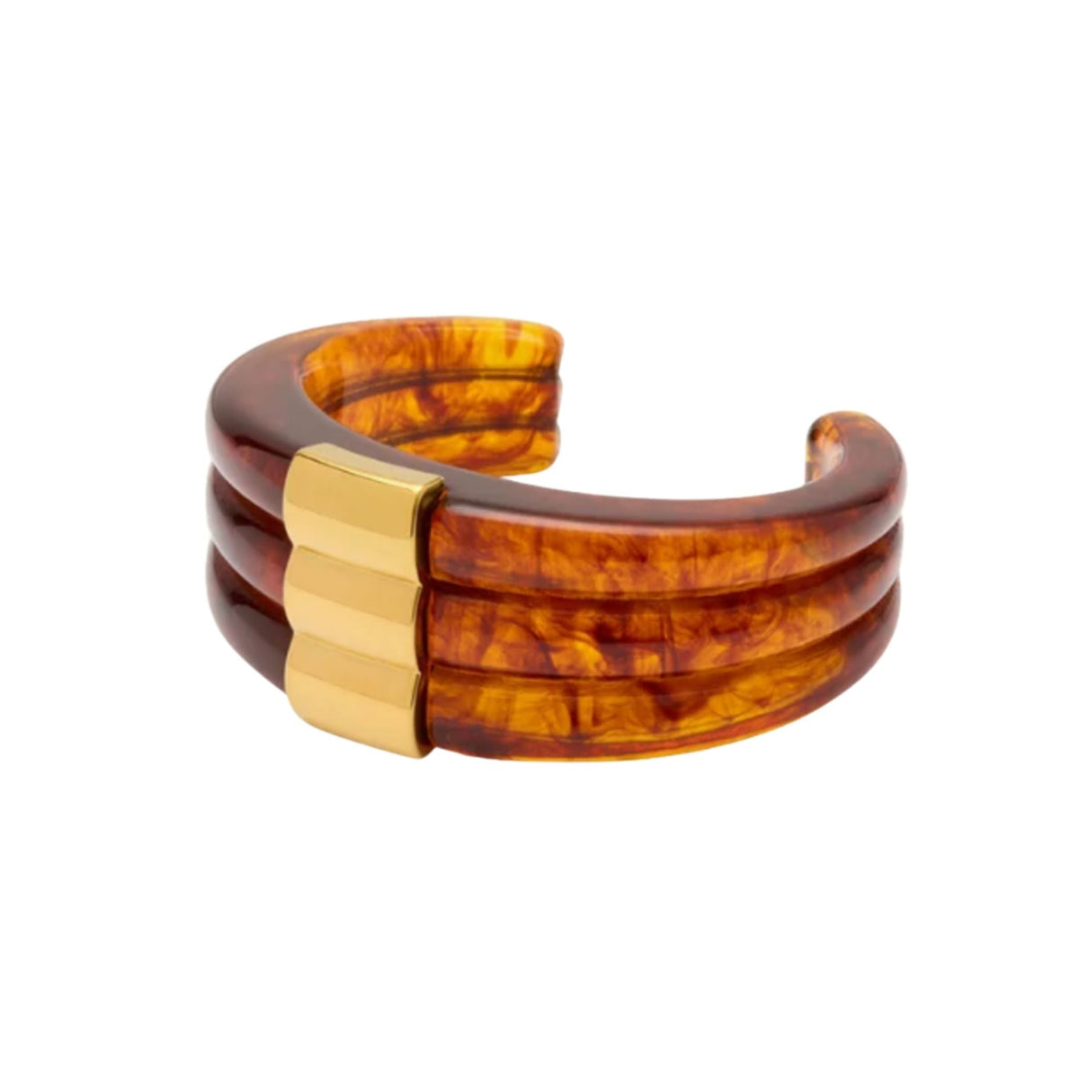 Tortoise-pattern Swiss resin open cuff bracelet, stacked three-layer style, by Lucas Jack.
