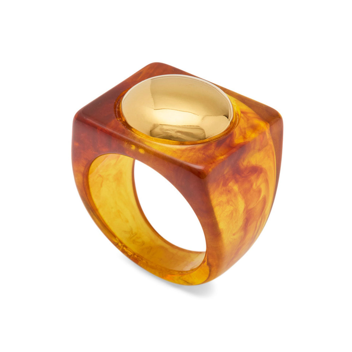 A squared tortoise-pattern Swiss resin ring with a polished 18K gold-plated dome, by Lucas Jack.