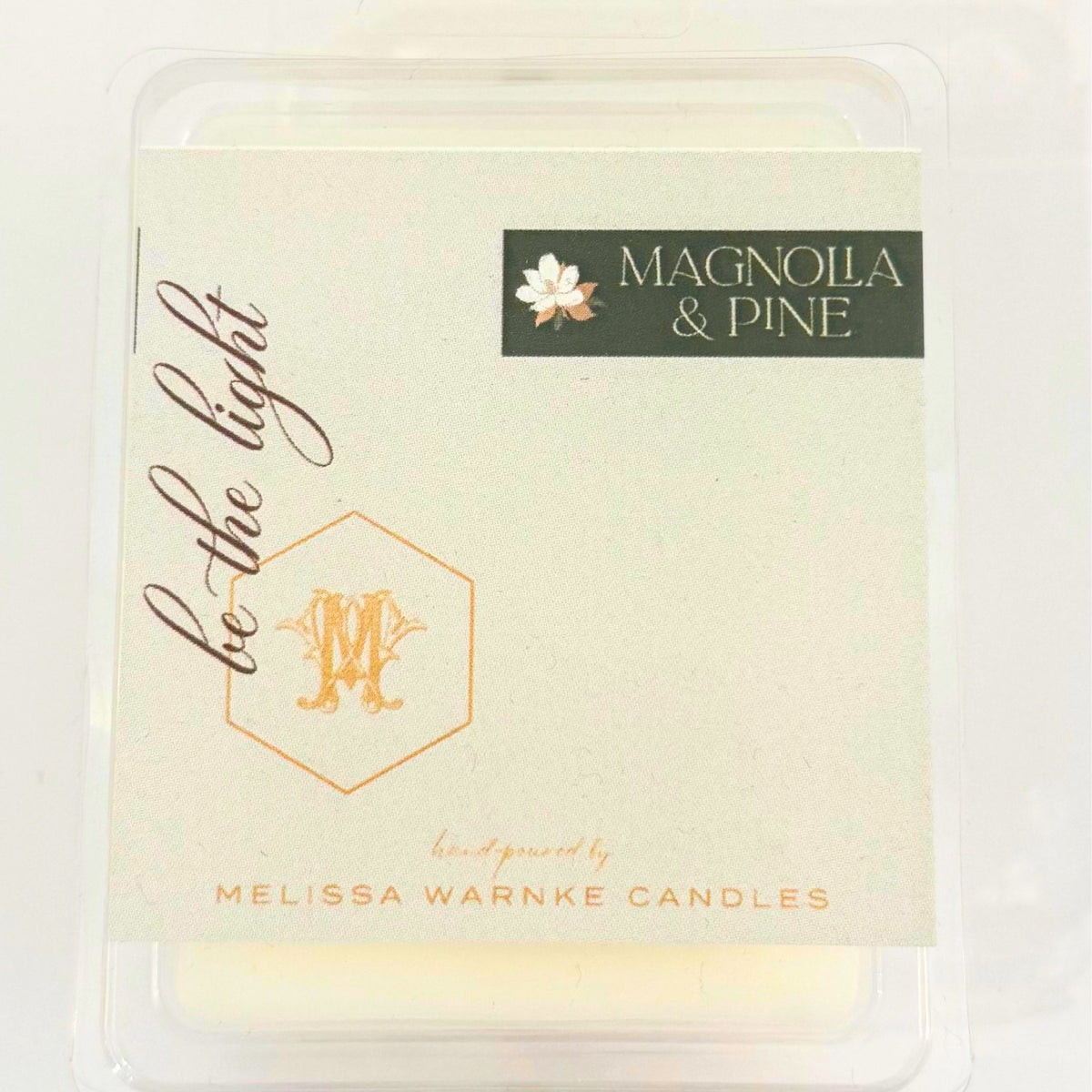 Luxe Wax Melts packaging, Magnolia & Pine custom scent