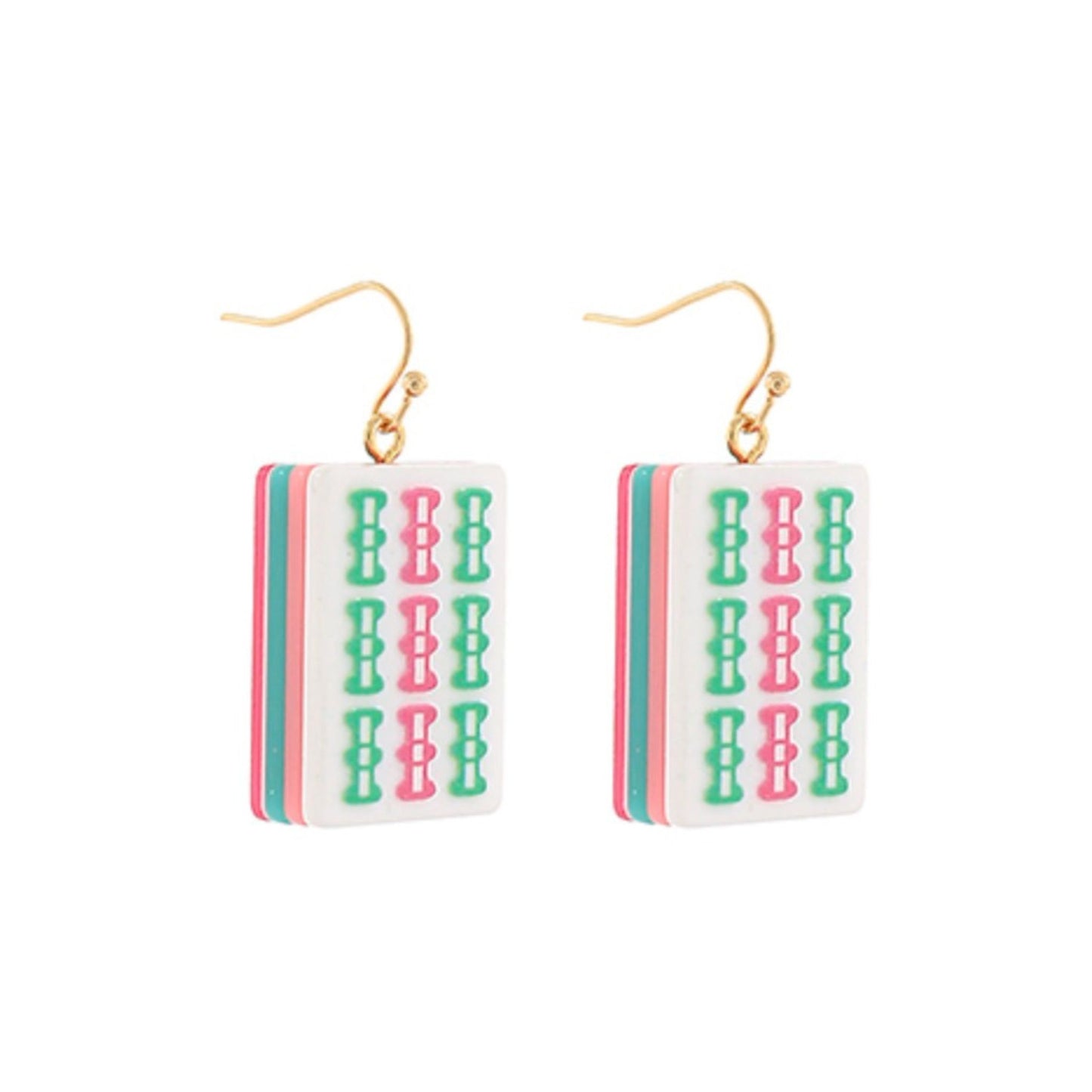 Mahjong-inspired dangle earrings printed with bamboo Bam tile