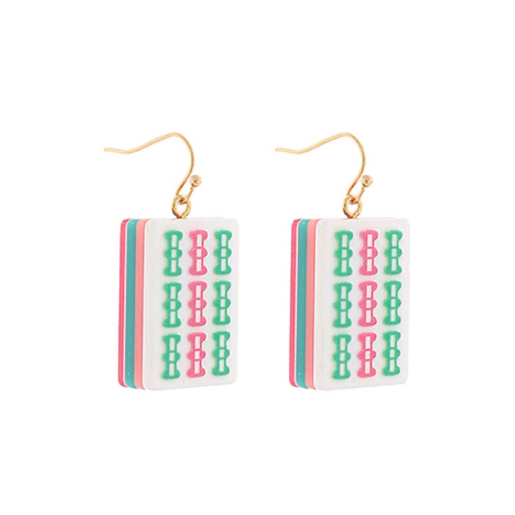 Mahjong-inspired dangle earrings printed with bamboo Bam tile