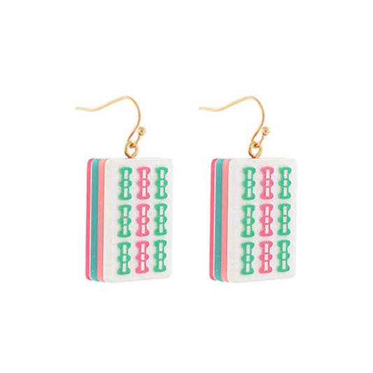 Mahjong-inspired dangle earrings printed with bamboo Bam tile