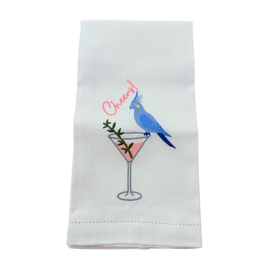 Mahjong embroidered tea towel, Cheers cockatoo design