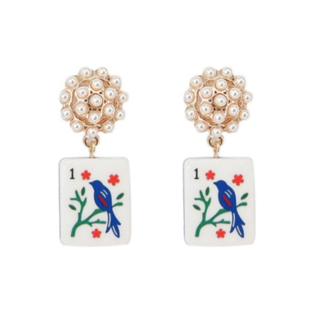 Mahjong Tile & Cluster Pearl Earrings, mahjong tile with faux pearl cluster