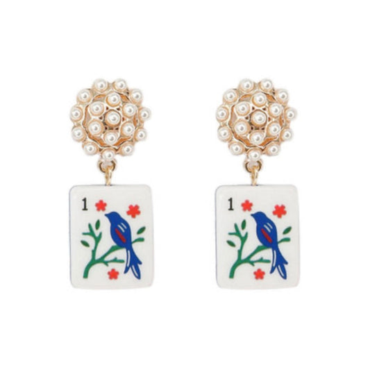 Mahjong Tile & Cluster Pearl Earrings, mahjong tile with faux pearl cluster