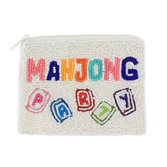 Mahjong Party Pouch, beaded coin pouch spelling Mahjong Party in cream seed beads