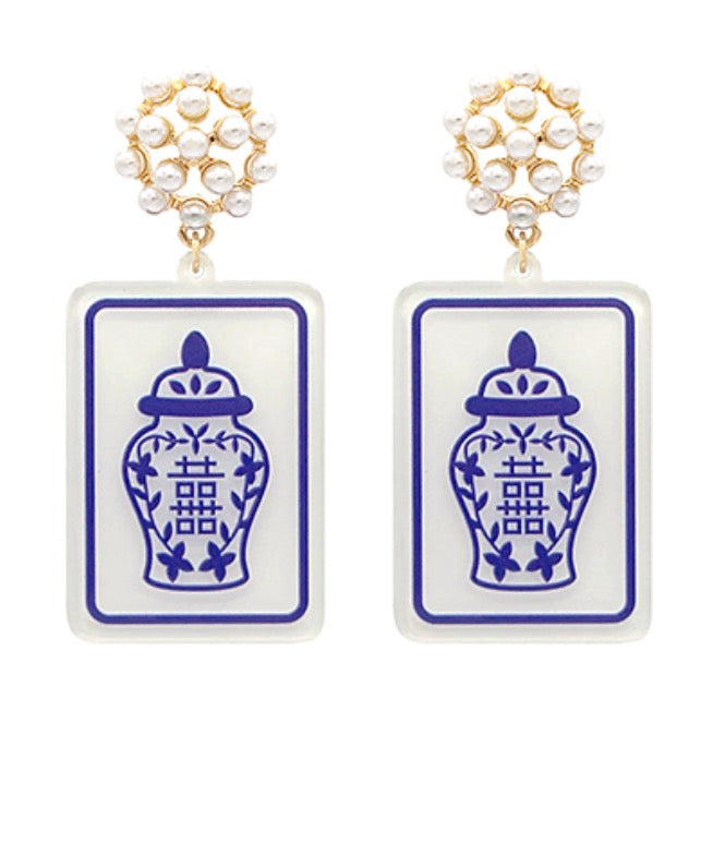 Mahjong Ginger Jar Dangle Earrings, blue and white ginger jar motif with pearl cluster stud