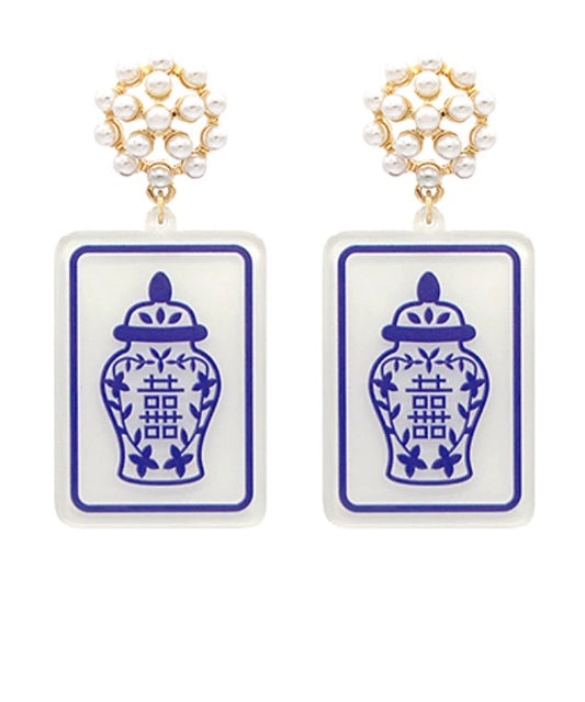 Mahjong Ginger Jar Dangle Earrings, blue and white ginger jar motif with pearl cluster stud