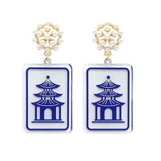 Mahjong Pagoda Drop Earrings, pagoda-shaped drop with mahjong tile print