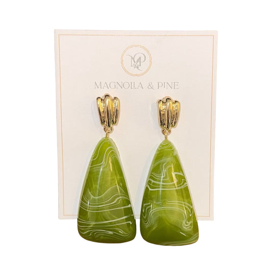 Green Marble Geometric Triangle Earrings, green marbled resin triangle