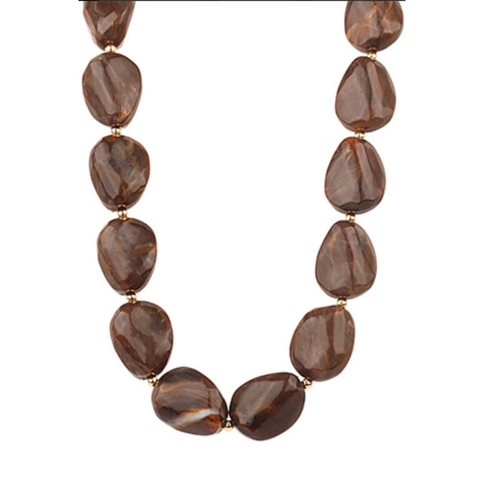 Brown Marble Stone Necklace with 18k gold-dipped accent balls
