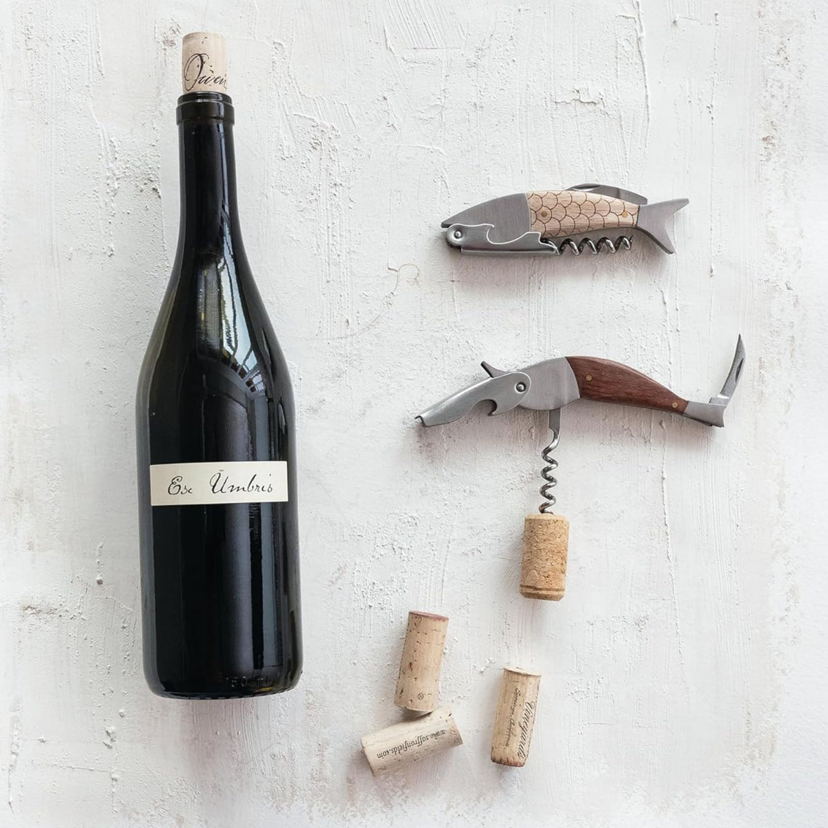 Merbau Wood Fish Bottle Opener, lifestyle shot on bar cart