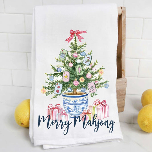 Merry Mahjong chinoiserie Christmas tree tea towel