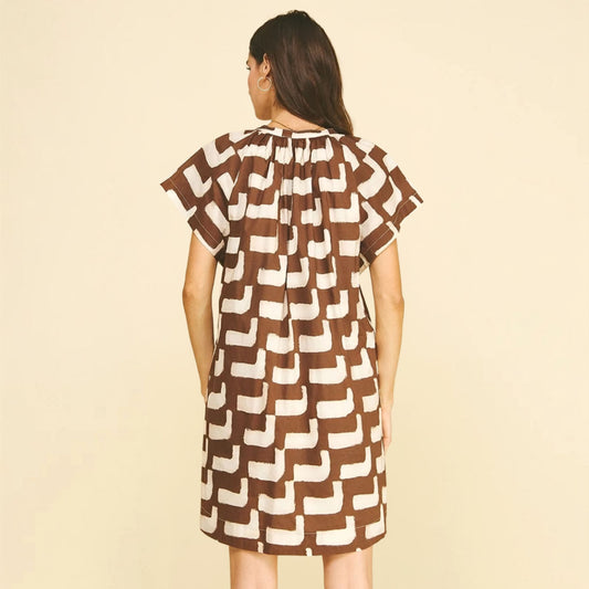 Mini brown geometric print tunic dress, back view