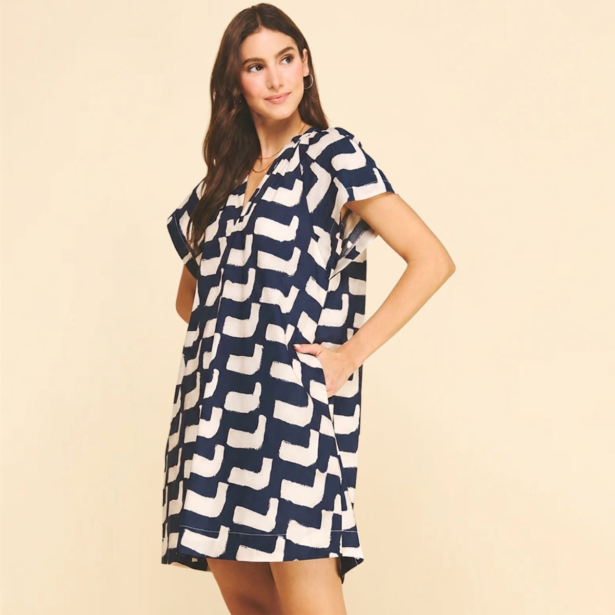 Mini navy geometric print tunic dress, front view