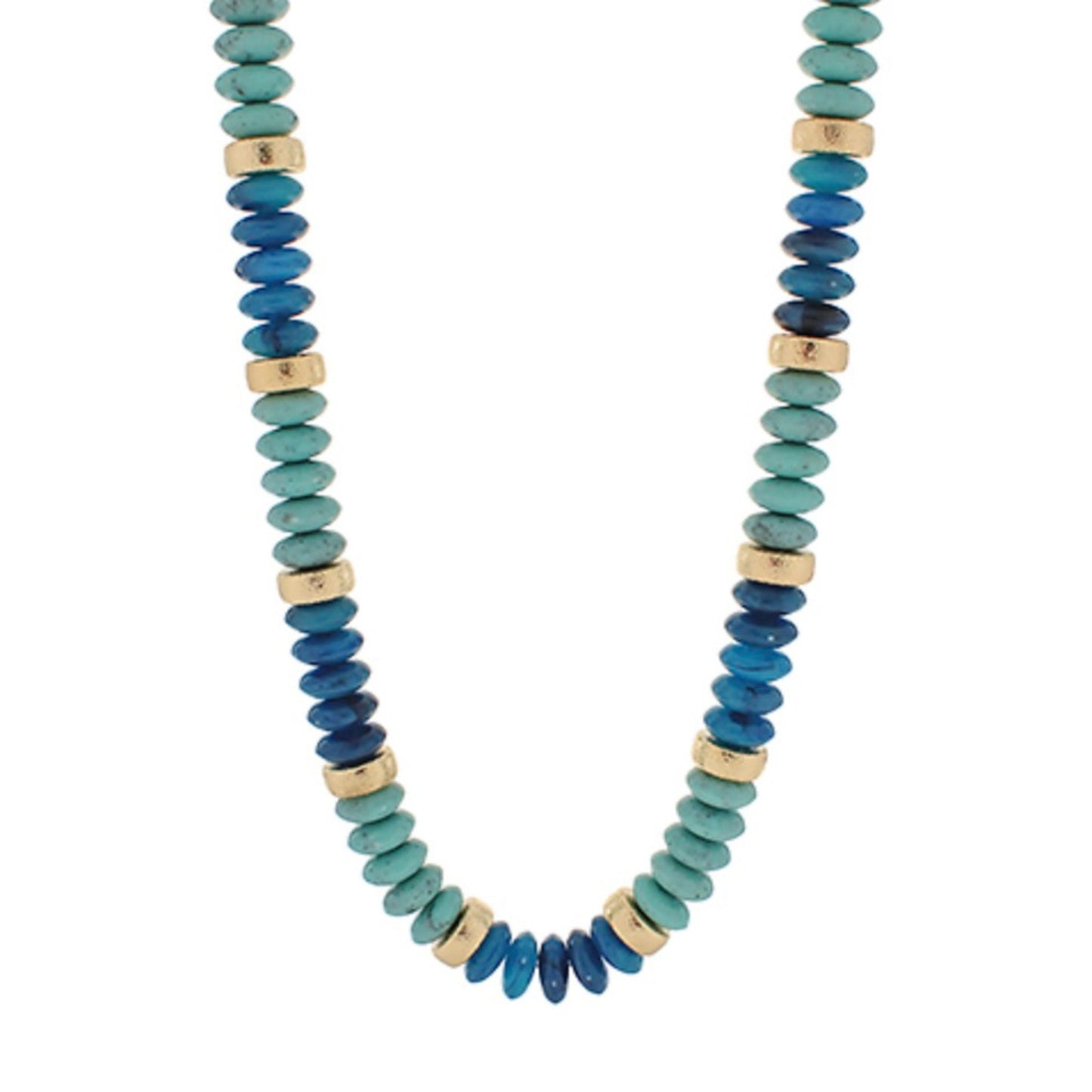 A beaded necklace featuring alternating strands of flat, disc-shaped turquoise beads and polished gold cylindrical spacer beads, displayed on a clean white background.