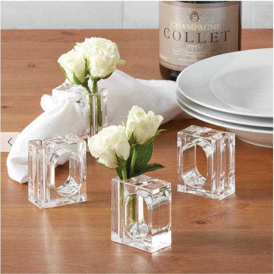 Clear acrylic napkin ring with a side bud vase for a single stem