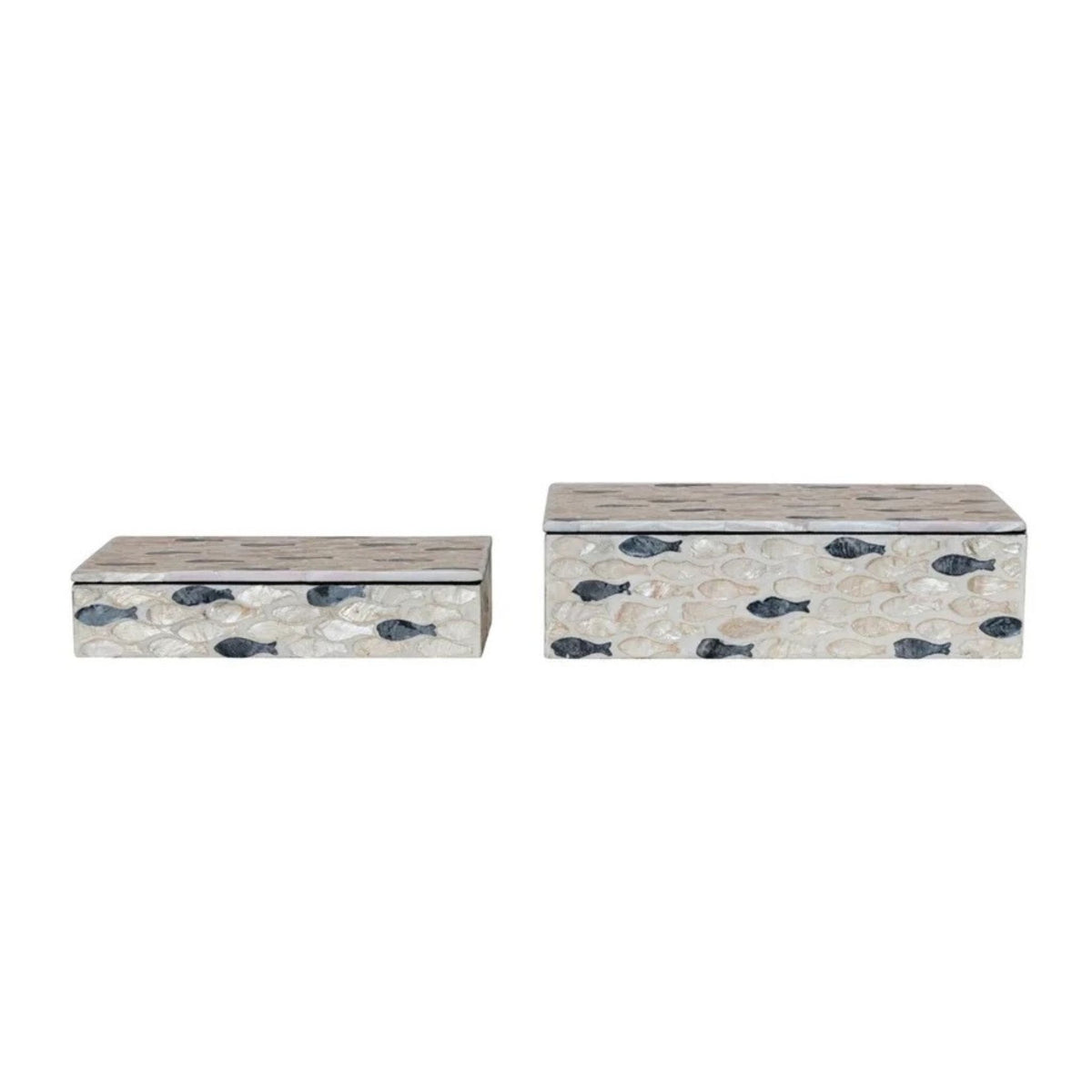 Two rectangular boxes in natural wood and charcoal tones, inlaid with capiz shell fish motifs, shown side by side in small and large sizes.