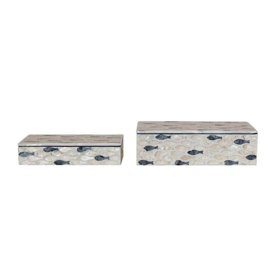 Two rectangular boxes in natural wood and charcoal tones, inlaid with capiz shell fish motifs, shown side by side in small and large sizes.