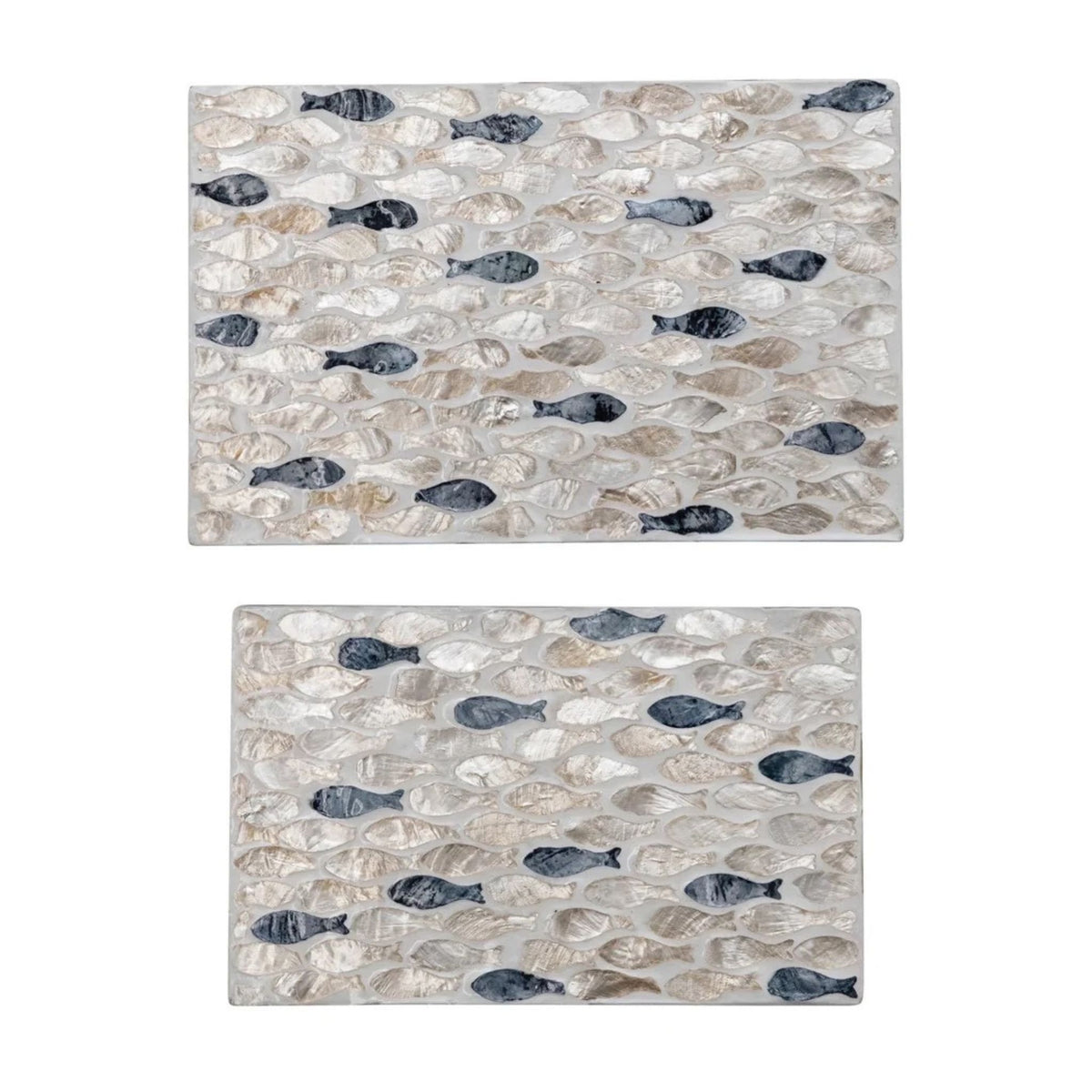 A rectangular box in natural wood and charcoal tones, inlaid with a capiz shell fish motif.