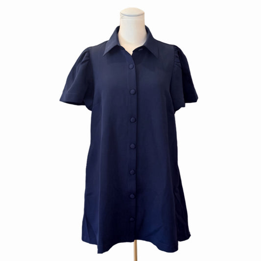 Navy button-front shirt dress with puff sleeves, front view