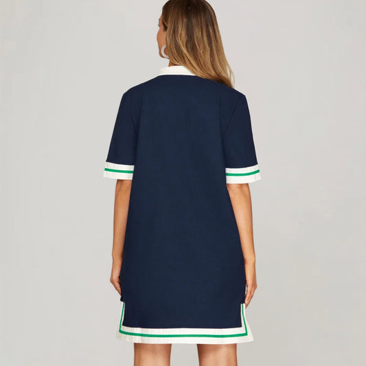 Navy Colorblock Linen Shift Dress, back view