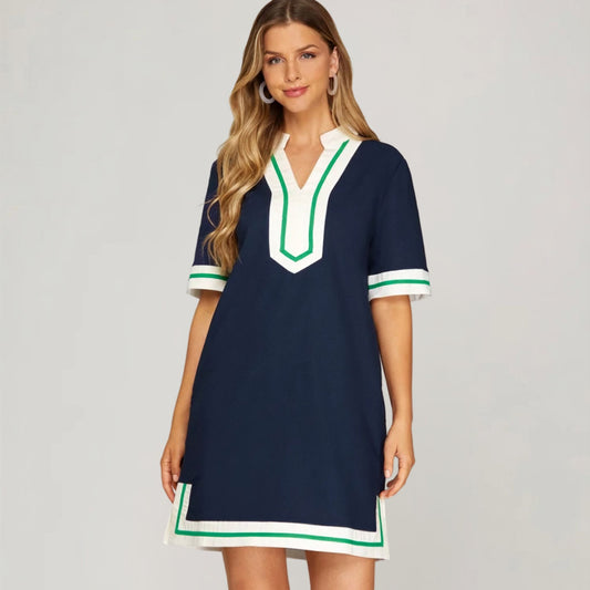 Navy Colorblock Linen Shift Dress, front view