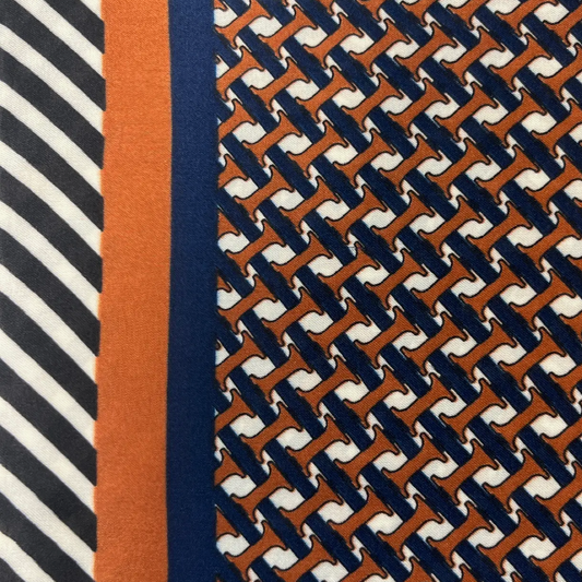 Navy Geometric Print Scarf, laid flat showing full pattern