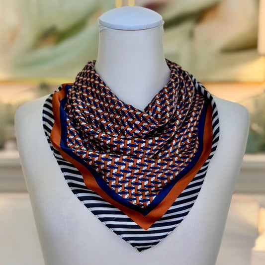 Navy Geometric Print Scarf, styled on a mannequin bust