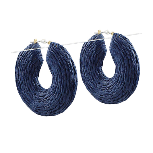 Navy Wrapped Raffia Hoops, hoop earring wrapped in navy raffia