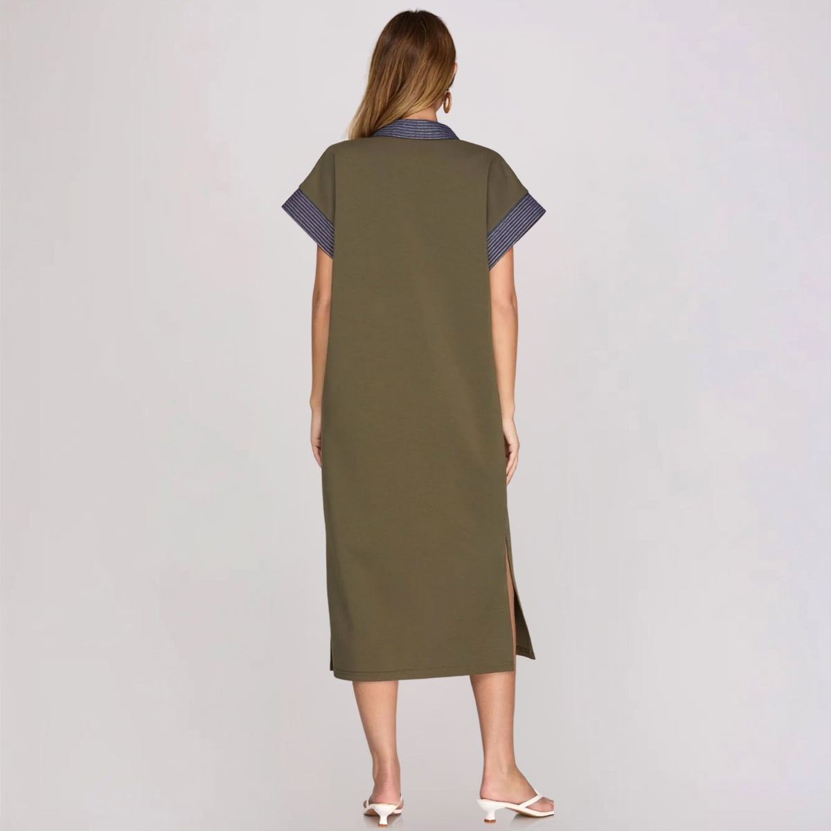 Olive Contrast-Collar Knit Midi Dress