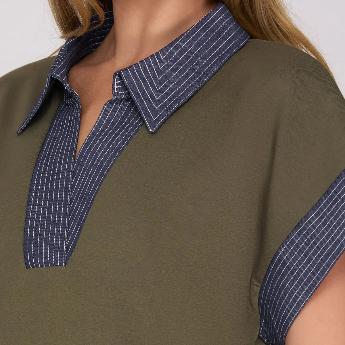 Olive Contrast-Collar Knit Midi Dress