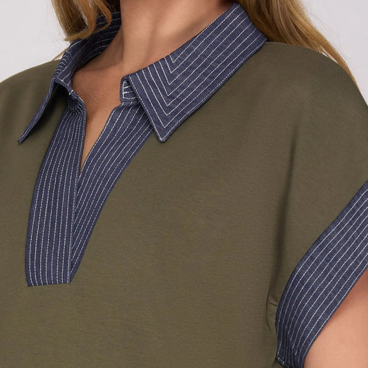 Olive Contrast-Collar Knit Midi Dress