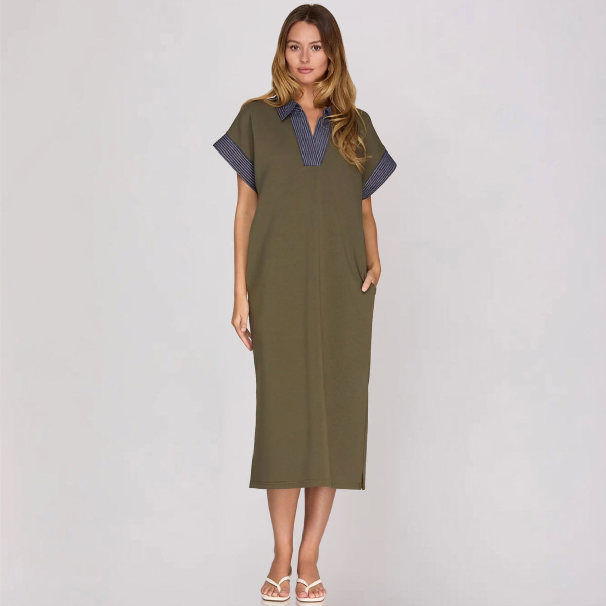 Olive Contrast-Collar Knit Midi Dress