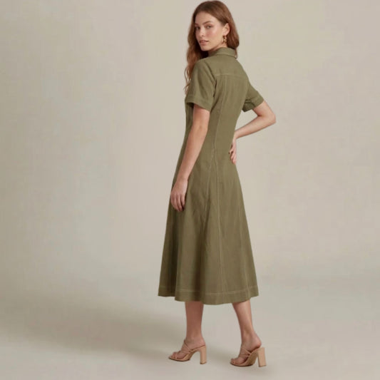 Olive Green Cinch Midi Dress, back view
