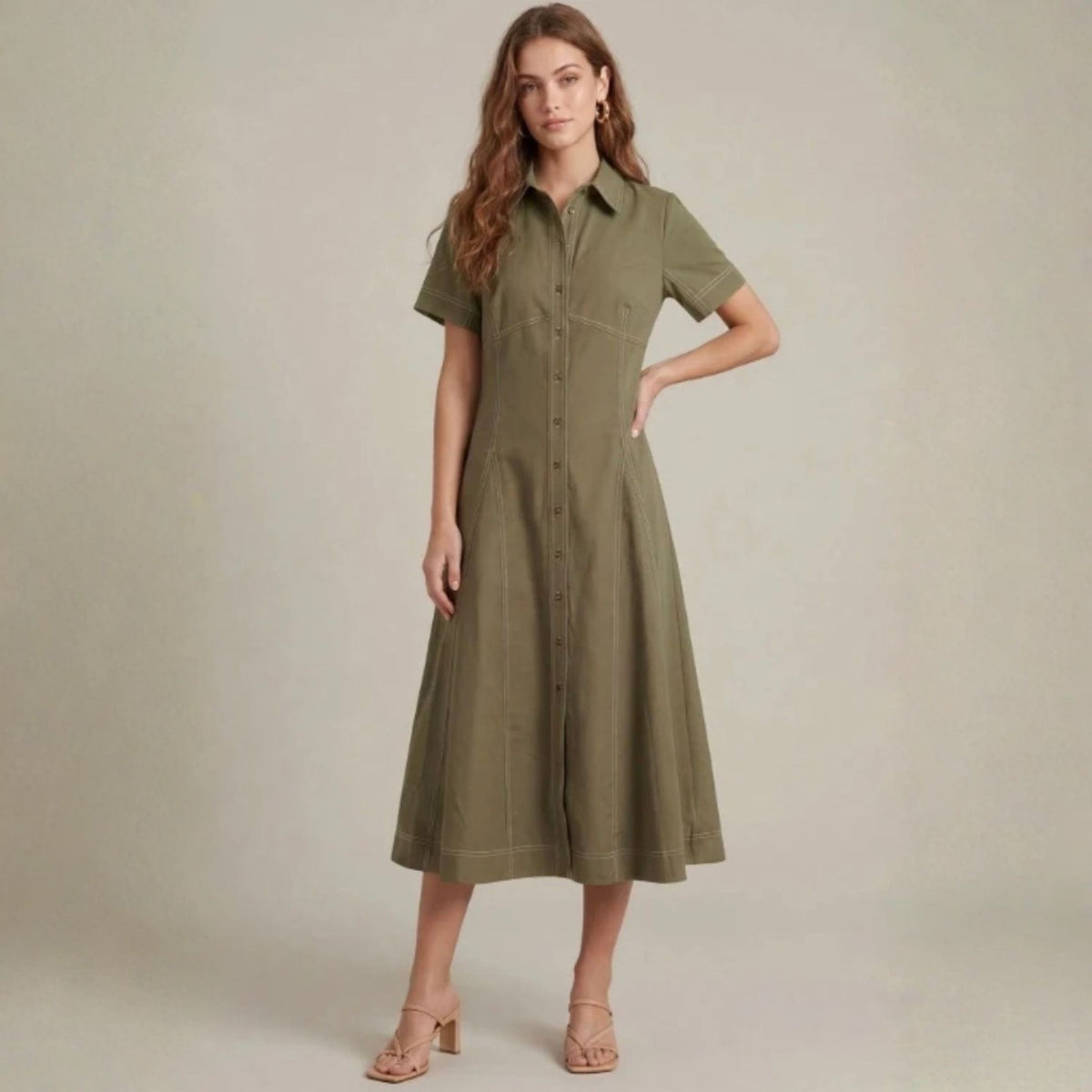 Olive Green Cinch Midi Dress, front view