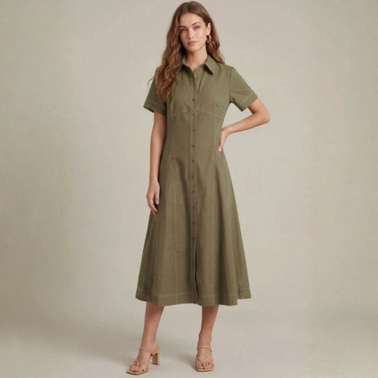 Olive Green Cinch Midi Dress, front view