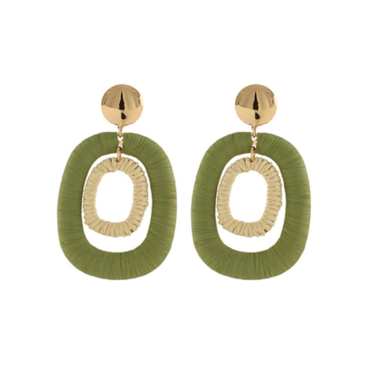 Olive & Ivory Raffia Wrapped Oval Earrings, oval drop wrapped in raffia