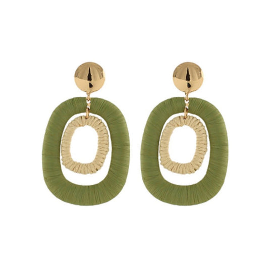 Olive & Ivory Raffia Wrapped Oval Earrings, oval drop wrapped in raffia