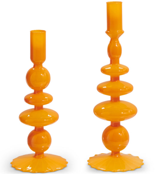 Orange Glass Taper Candlestick Holders, Set of 2