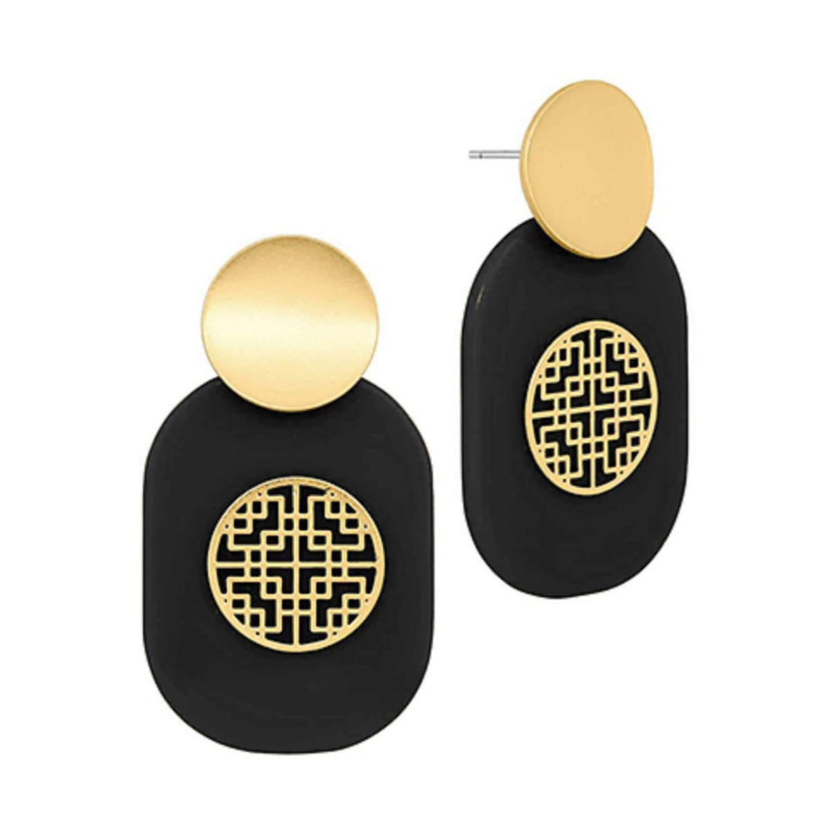 Medallion Drop Earrings in black, gold filigree medallion overlay